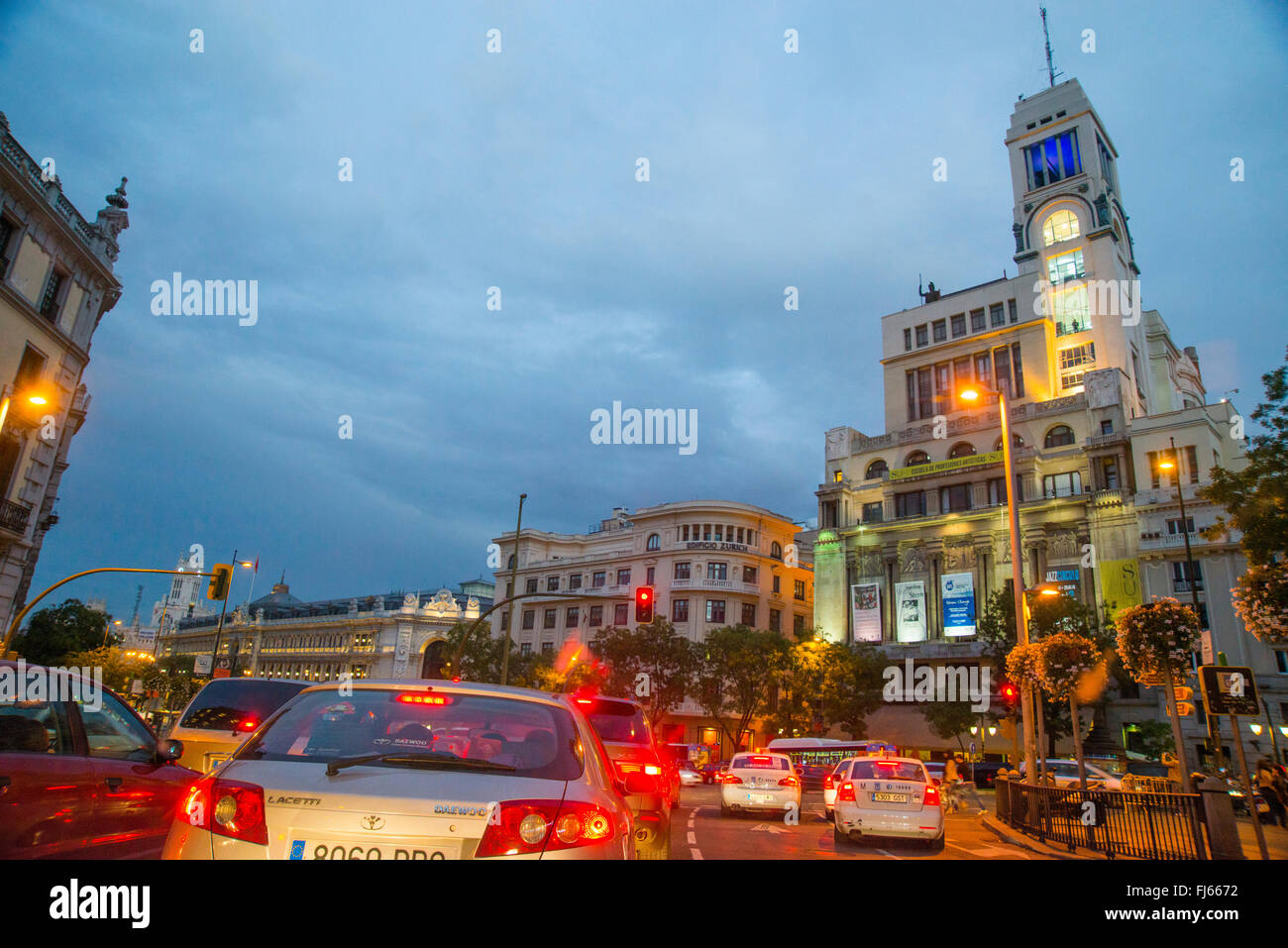 Circulo de Bellas Artes building and Alcala street at nightfall. Madrid, Spain. Stock Photo
