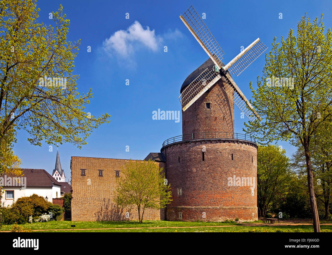 tower windmill Kempen Hessenmuehle with city wall, Germany, North Rhine-Westphalia, Lower Rhine, Kempen Stock Photo