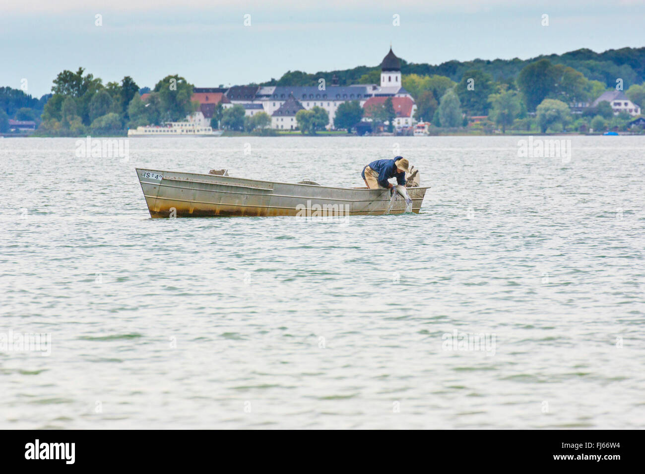 common bream, freshwater bream, carp bream (Abramis brama), fisherman catches large bream in a lake, Germany, Bavaria, Lake Chiemsee, Fraueninsel Stock Photo