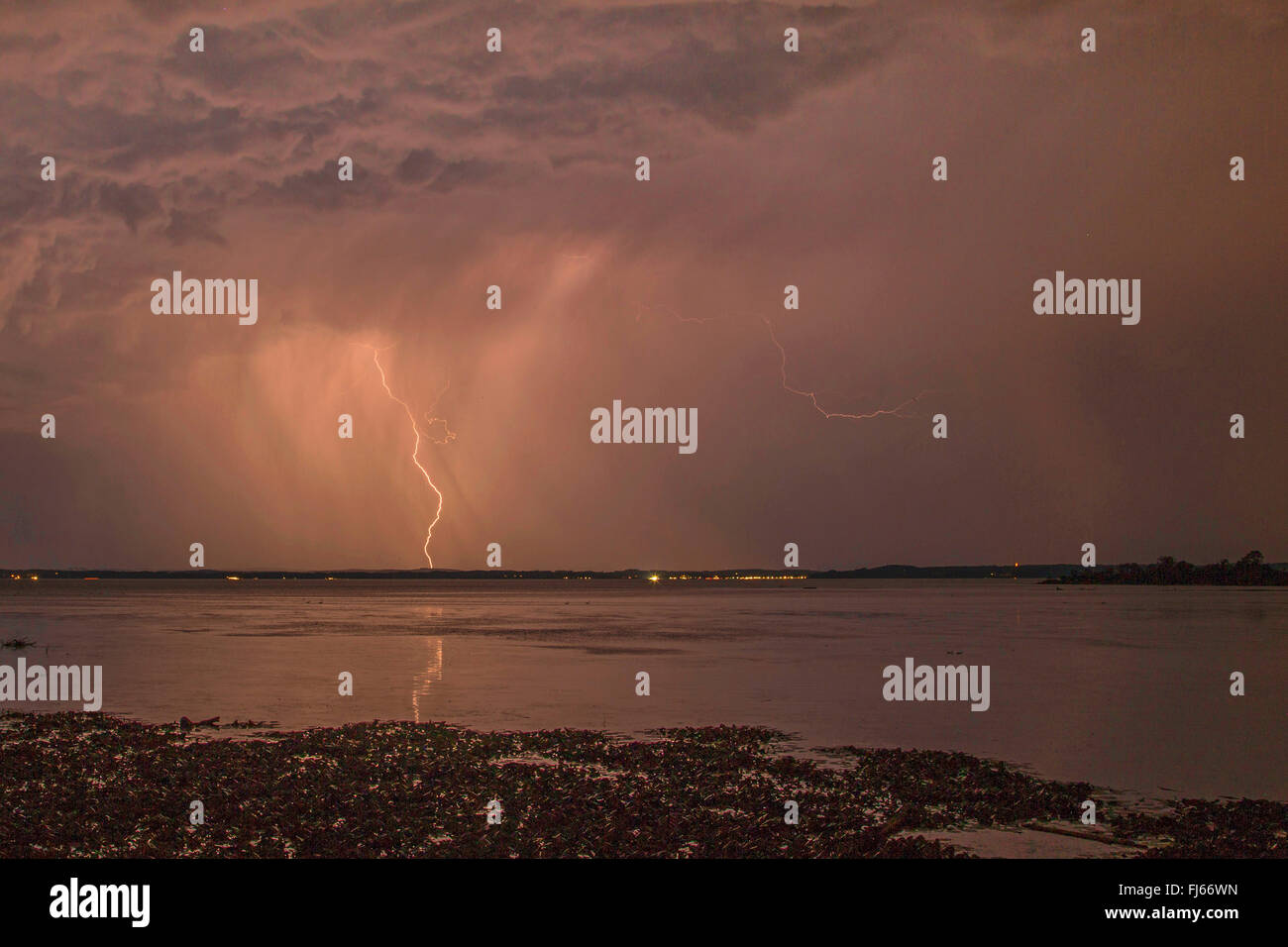 thunderstorm with lightning at the Chiemsee lakefront, Germany, Bavaria, Lake Chiemsee Stock Photo