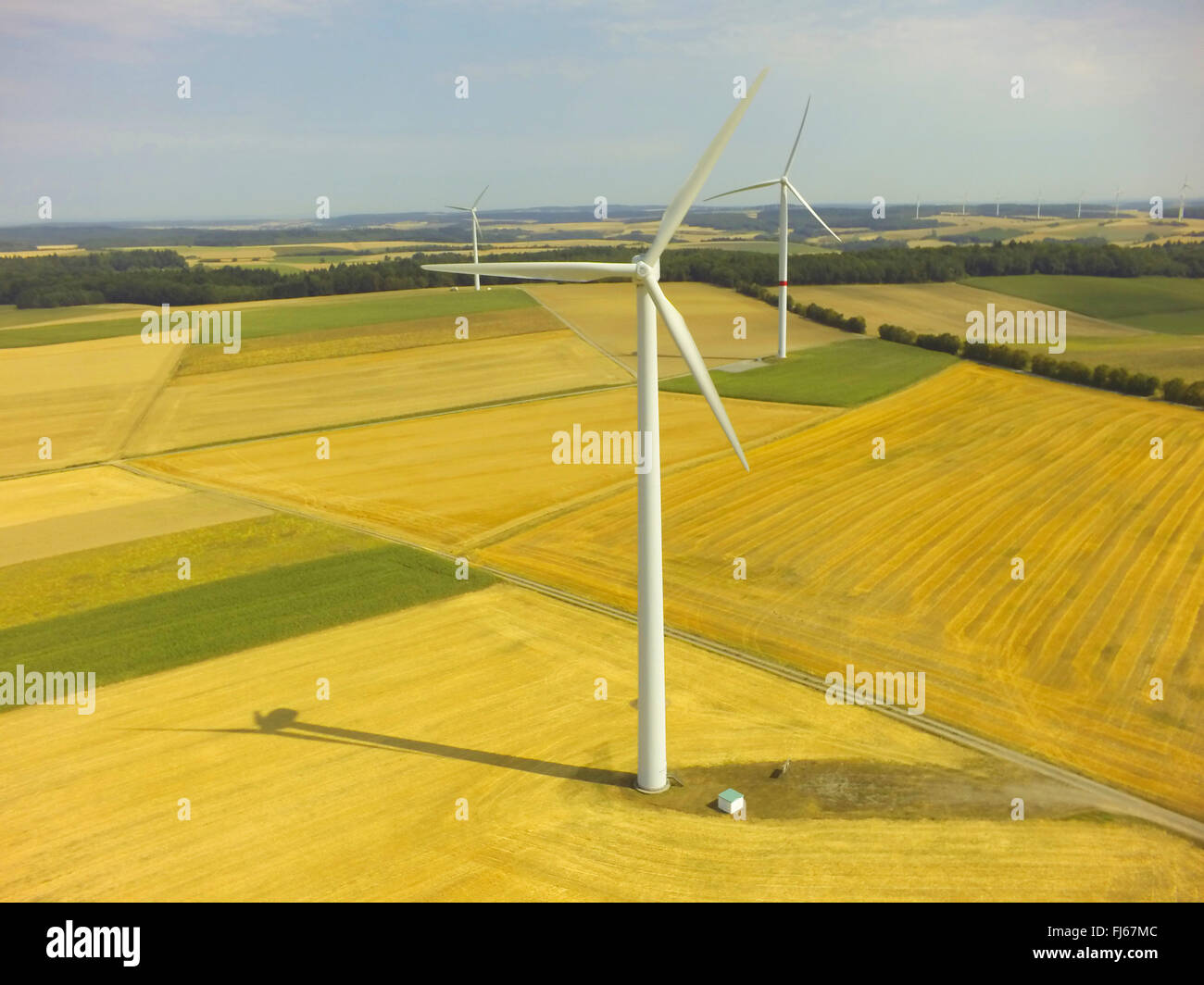 wind power station in summer field landscape, aerial view, 06.08.2015, Germany, Baden-Wuerttemberg, Odenwald Stock Photo