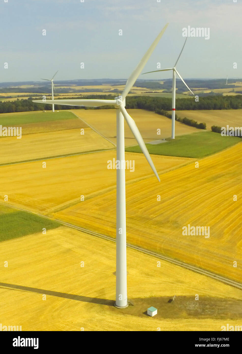 wind power station in summer field landscape, aerial view, 06.08.2015, Germany, Baden-Wuerttemberg, Odenwald Stock Photo