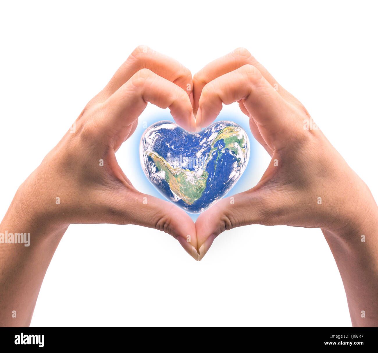 Blue planet in heart shape over woman human hands isolated on white background: World heart day idea symbolic concept campaign t Stock Photo