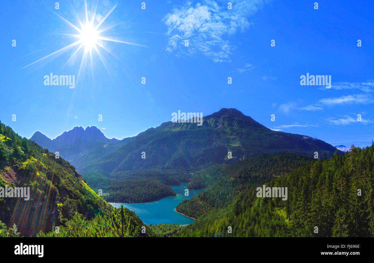 mountain lake Blindsee with Wetterstein mountains and Mieming Range, Austria, Tyrol Stock Photo