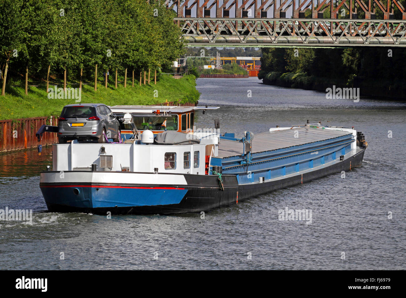 transport ship on Rhine-Herne Canal, Germany, North Rhine-Westphalia, Ruhr Area, Essen Stock Photo