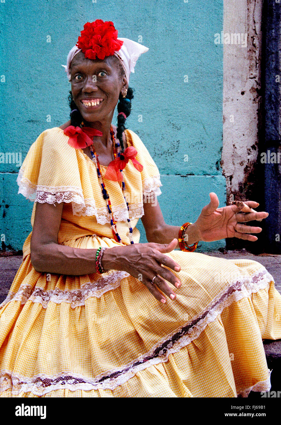 old Cuban woman druggy by smoking marihuana joint, Cuba Stock Photo