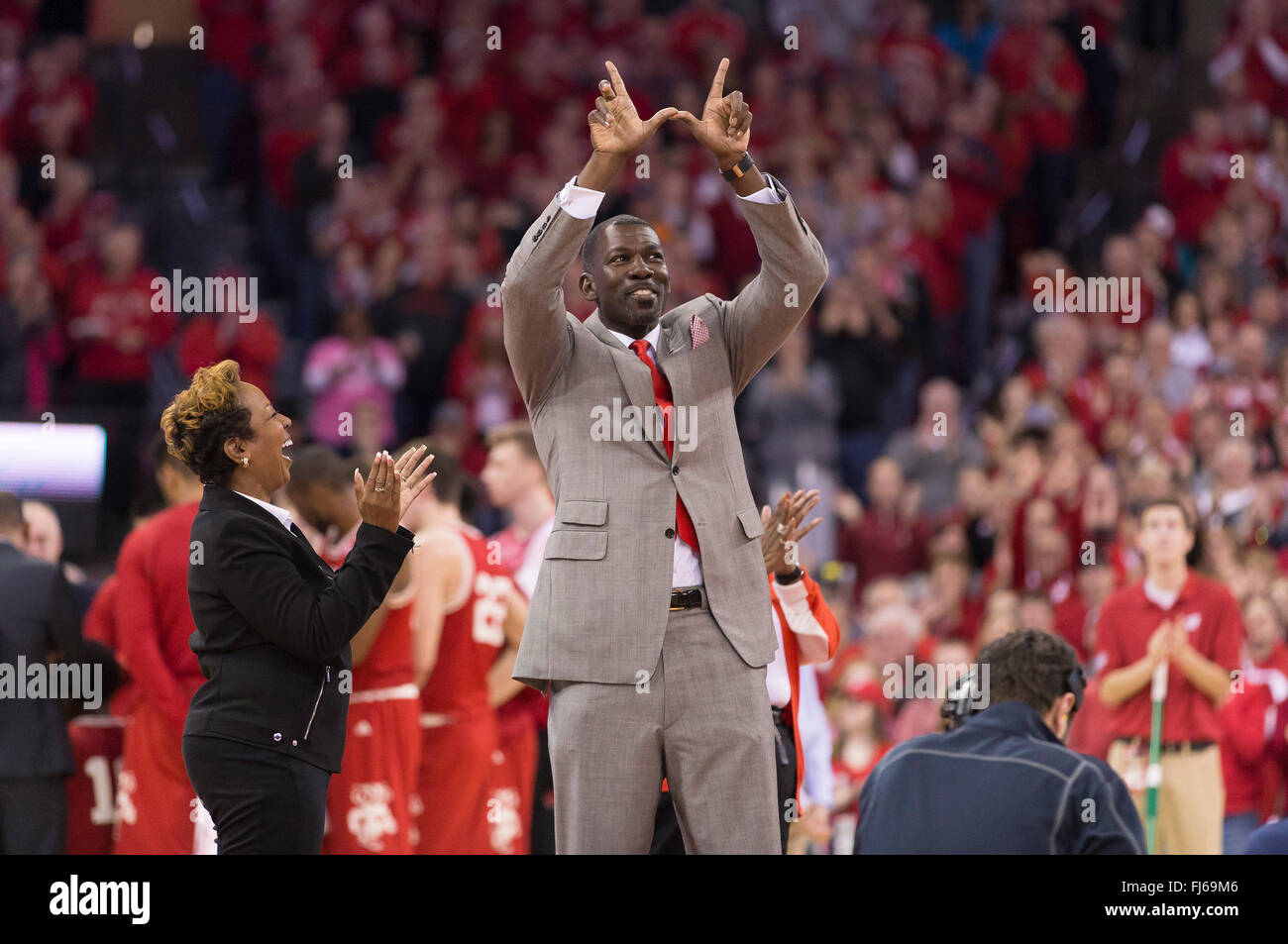 Madison, WI, USA. 28th Feb, 2016. Michael Finley is honored during the NCAA Basketball game between the Michigan Wolverines and the Wisconsin Badgers at the Kohl Center in Madison, WI. Wisconsin defeated Michigan 68-57. John Fisher/CSM/Alamy Live News Stock Photo
