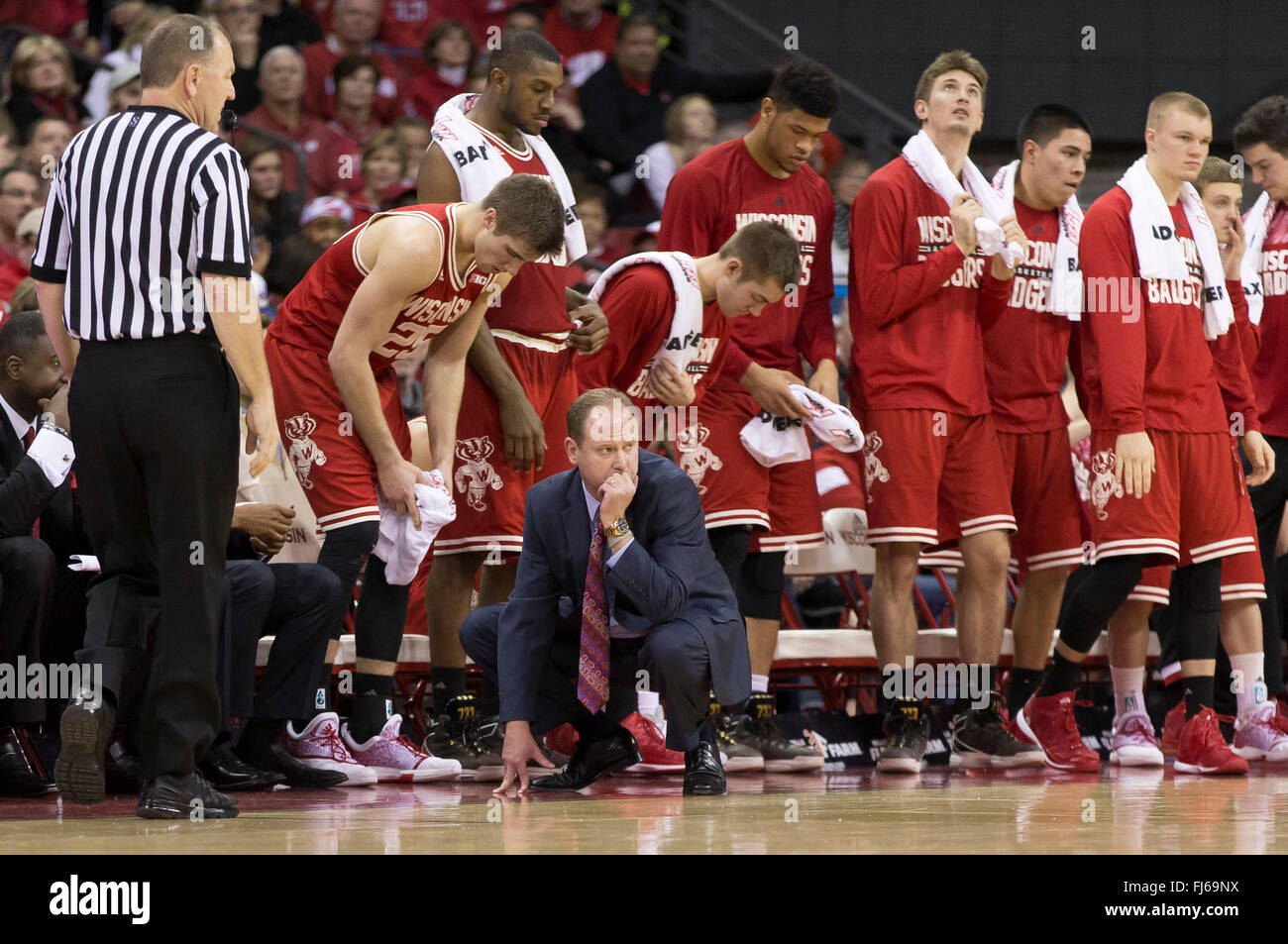 Madison, WI, USA. 28th Feb, 2016. Wisconsin coach Greg Gard looks on during the NCAA Basketball game between the Michigan Wolverines and the Wisconsin Badgers at the Kohl Center in Madison, WI. Wisconsin defeated Michigan 68-57. John Fisher/CSM/Alamy Live News Stock Photo