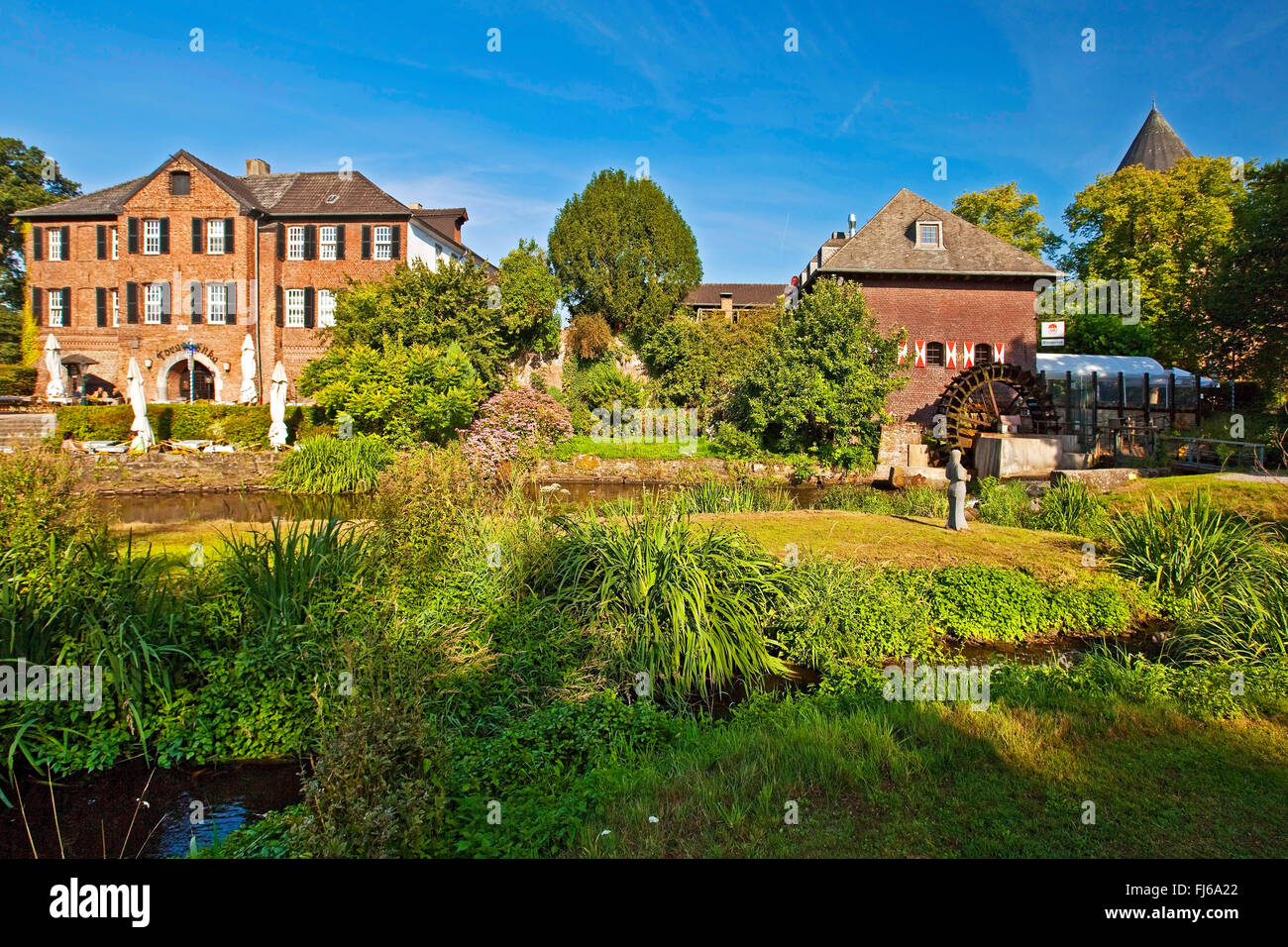 Restaurant, mill and castle in Brueggen, Germany, North RhineWestphalia, Lower Rhine, Brueggen