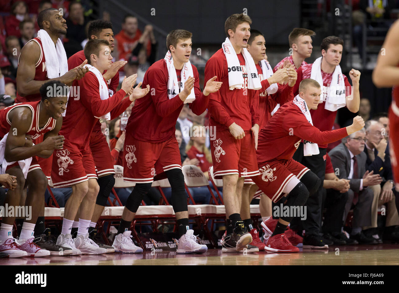 Madison, WI, USA. 28th Feb, 2016. Wisconsin bench reacts during the NCAA Basketball game between the Michigan Wolverines and the Wisconsin Badgers at the Kohl Center in Madison, WI. Wisconsin defeated Michigan 68-57. John Fisher/CSM/Alamy Live News Stock Photo