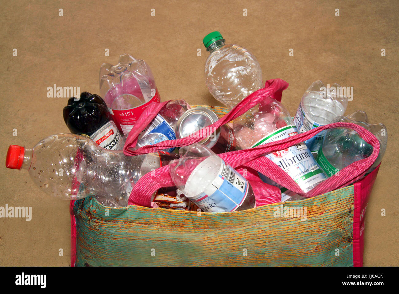 empty returnable bottles in a bag Stock Photo