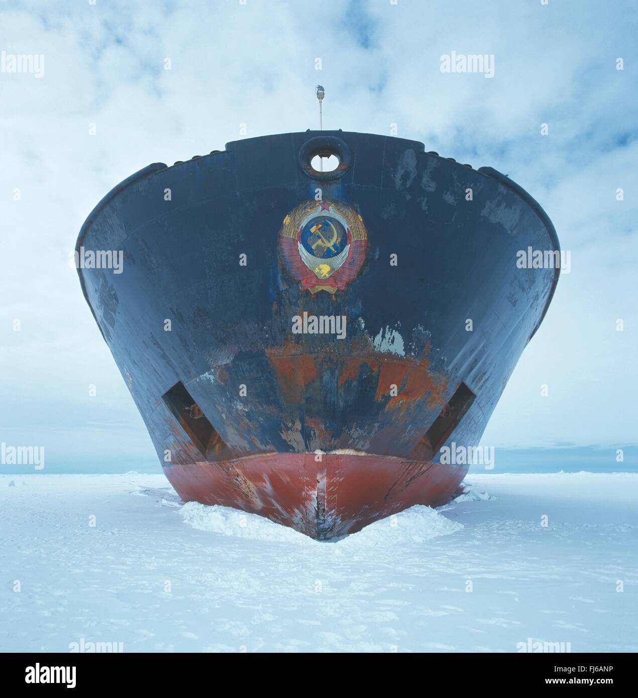 russian icebreaker Kapitan Khlebnikov, bow in the ice of the Lutzow-Holm-Bay, Antarctica Stock Photo