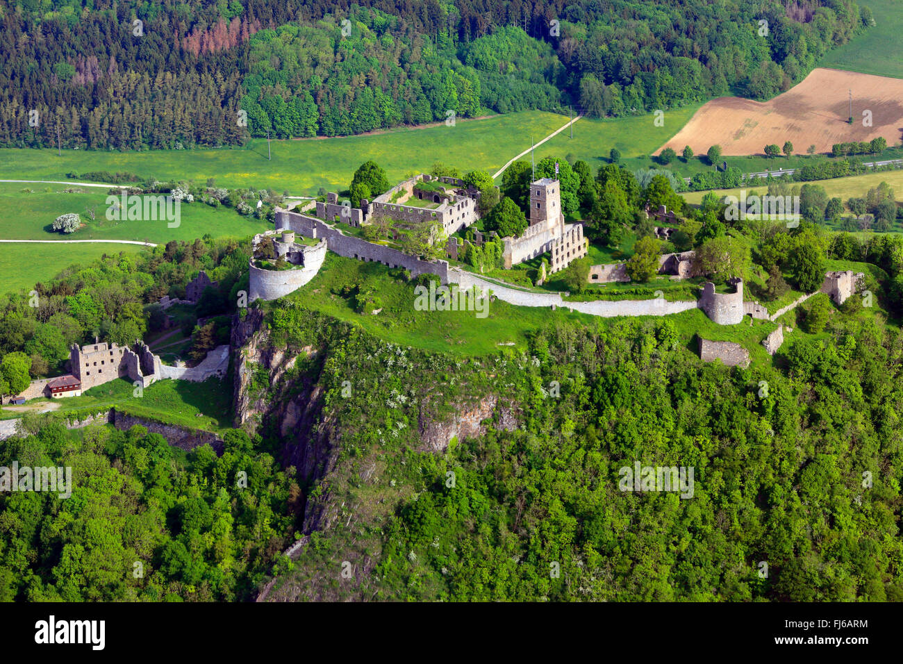 ruins of fortress Hohentwiel in spring, aerial view, Germany, Baden-Wuerttemberg, Singen Stock Photo