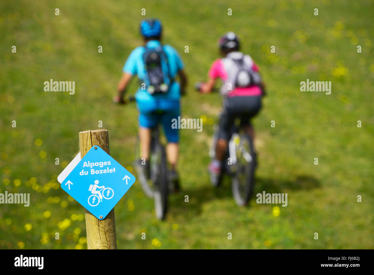 two mountain biker with e-bikes biking up a mountain meadow, sign for e-bikes in the foreground, France, Savoie, La Plagne Stock Photo