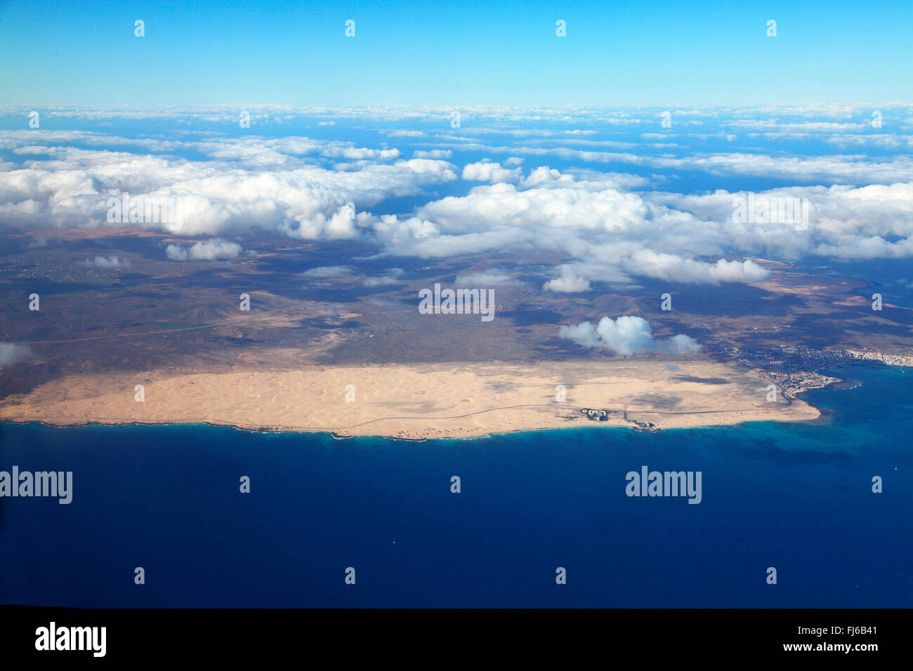 dunes south of Corralejo, aerial view, Canary Islands, Fuerteventura Stock Photo