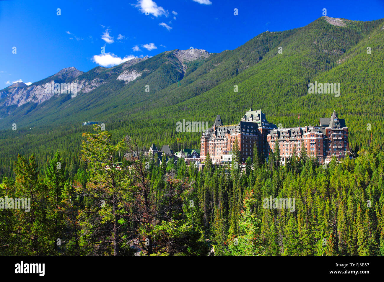 Bow River Valley with Banff Springs Hotel, Canada, Alberta, Banff National Park Stock Photo