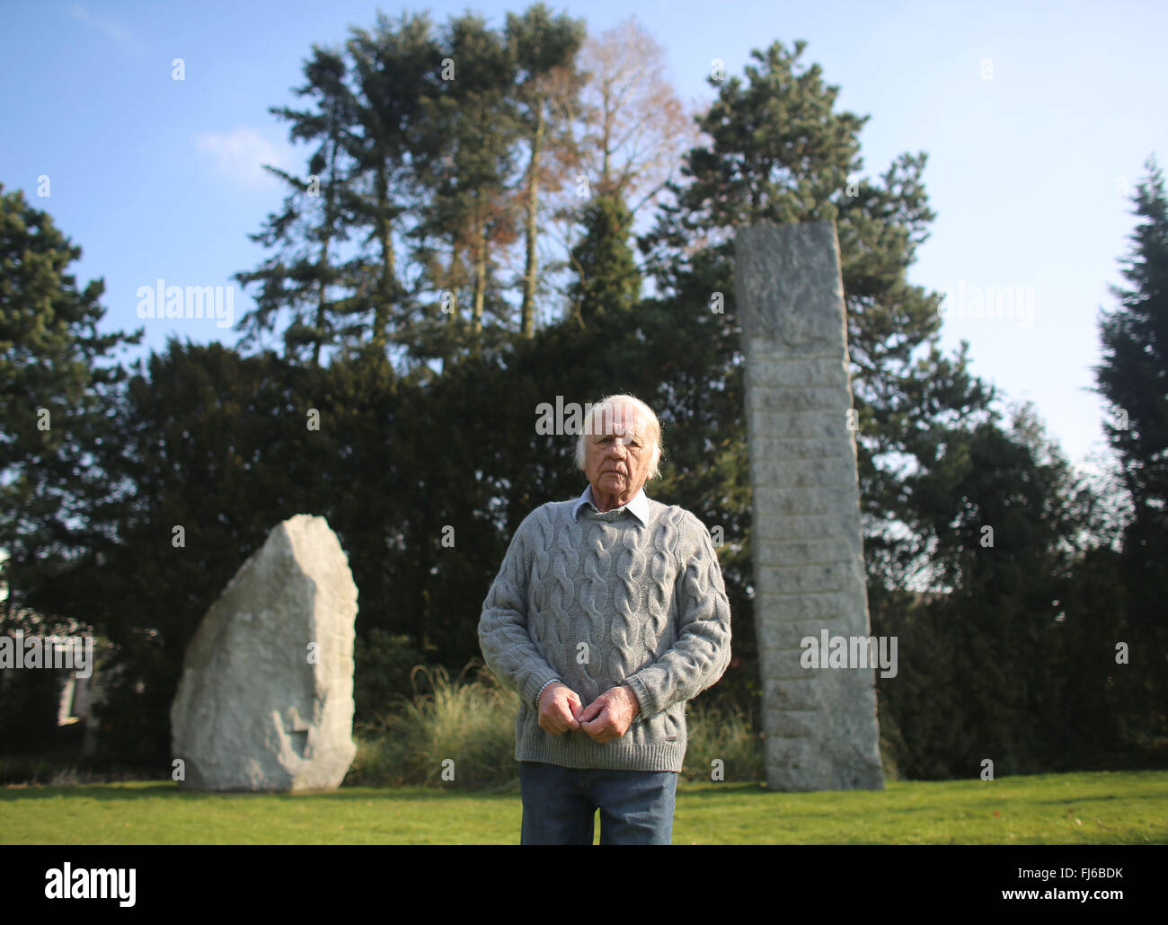 Moenchengladbach, Germany. 29th Feb, 2016. Zero artist Heinz Mack standing next to two sculptures in Moenchengladbach, Germany, 29 February 2016. PHOTO: OLIVER BERG/dpa/Alamy Live News Stock Photo