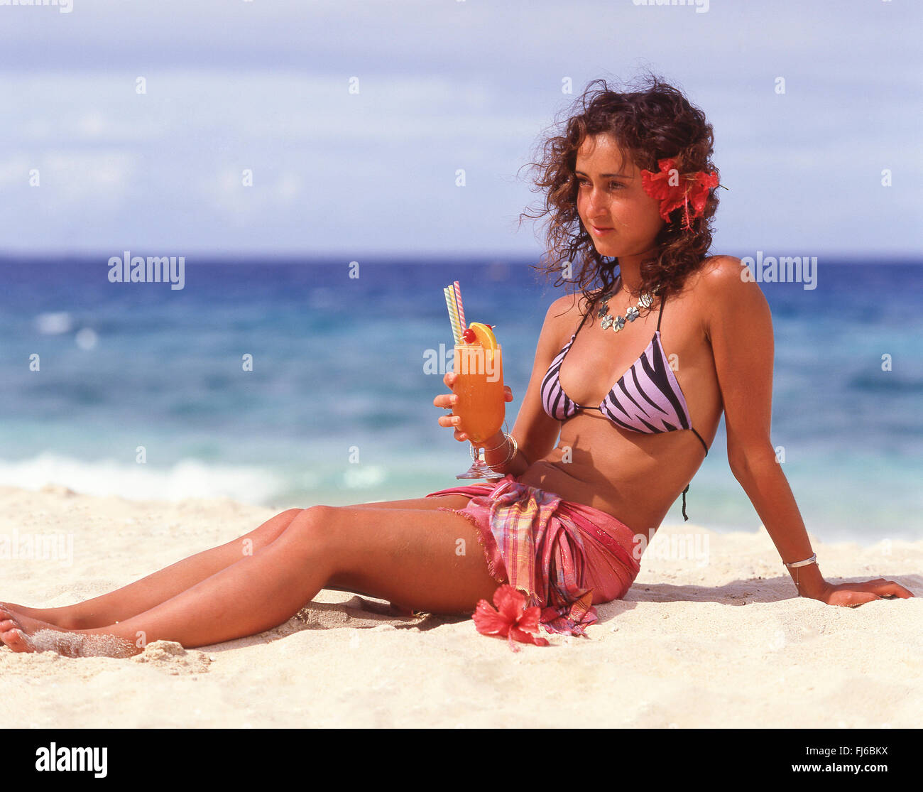 Young woman on tropical beach, Beachcomber Island Resort, Beachcomber Island, Mamanuca Islands, Republic of Fiji Stock Photo