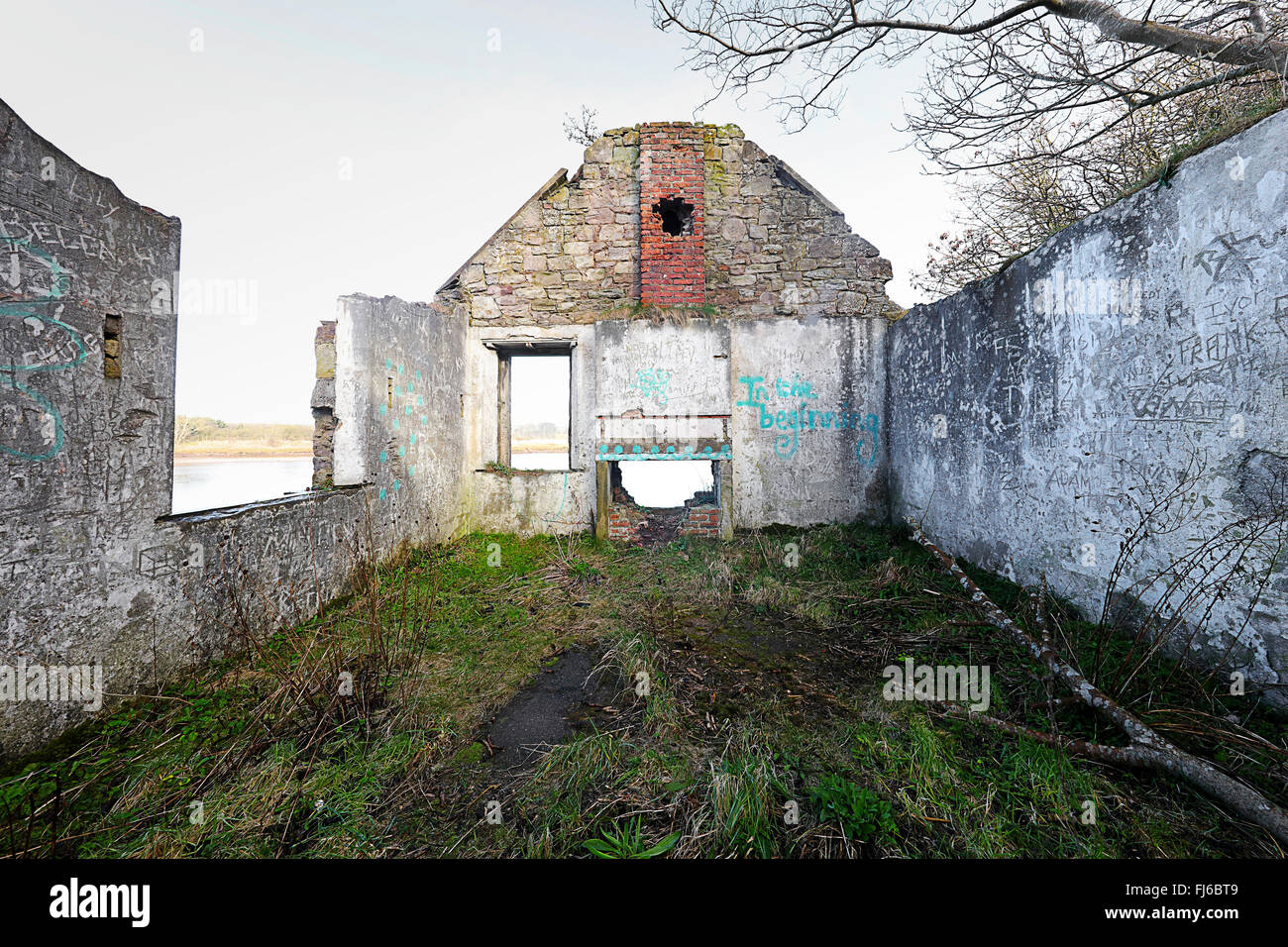The interior of the roofless, derelict Clayhole Shiel by the river Tweed.Berwick upon Tweed. Stock Photo