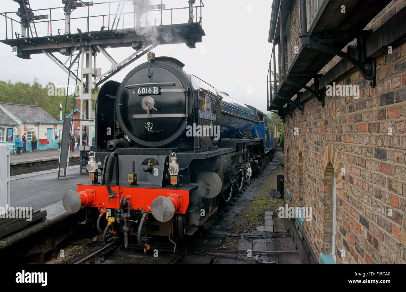 Tornado steam locomotive in BR blue at Grosmont Station on North York Moors Railway, front view Stock Photo