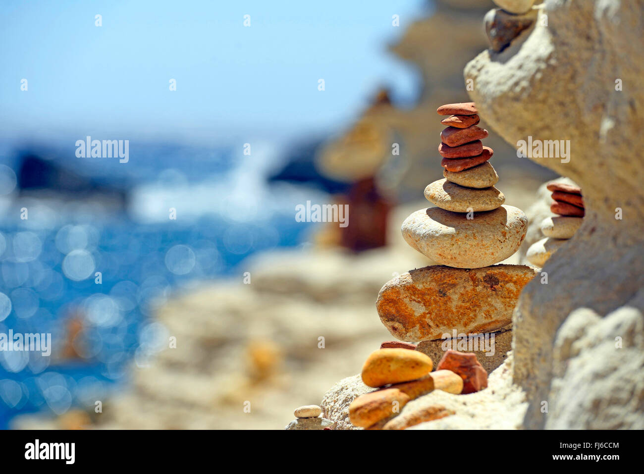 cairn at the rocky coast, France, Corsica, Bonifacio Stock Photo