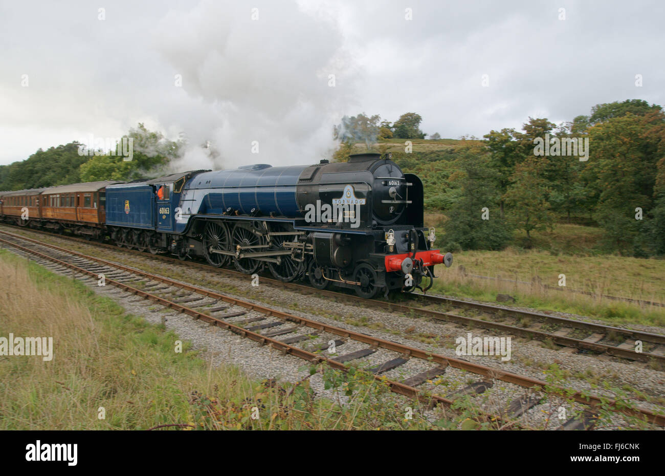 Tornado steam locomotive in BR blue near Goathland Station on North York Moors Railway Stock Photo