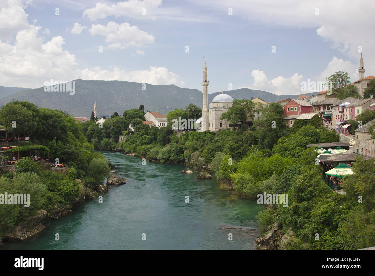 Mostar, view from Old Bridge (Stari Most) up the Neretva River to Koski ...