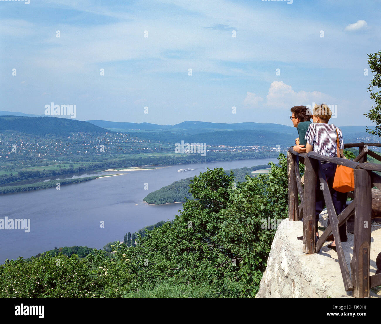 Couple at lookout for The Danube Bend, Visegrád, Pest County, Central Hungary Region, Republic of Hungary Stock Photo