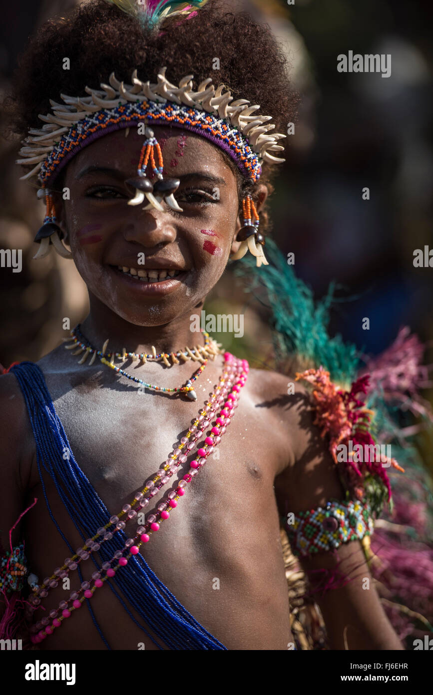 Young girl wearing traditional costume Tolokiwa, Papua New Guinea Stock