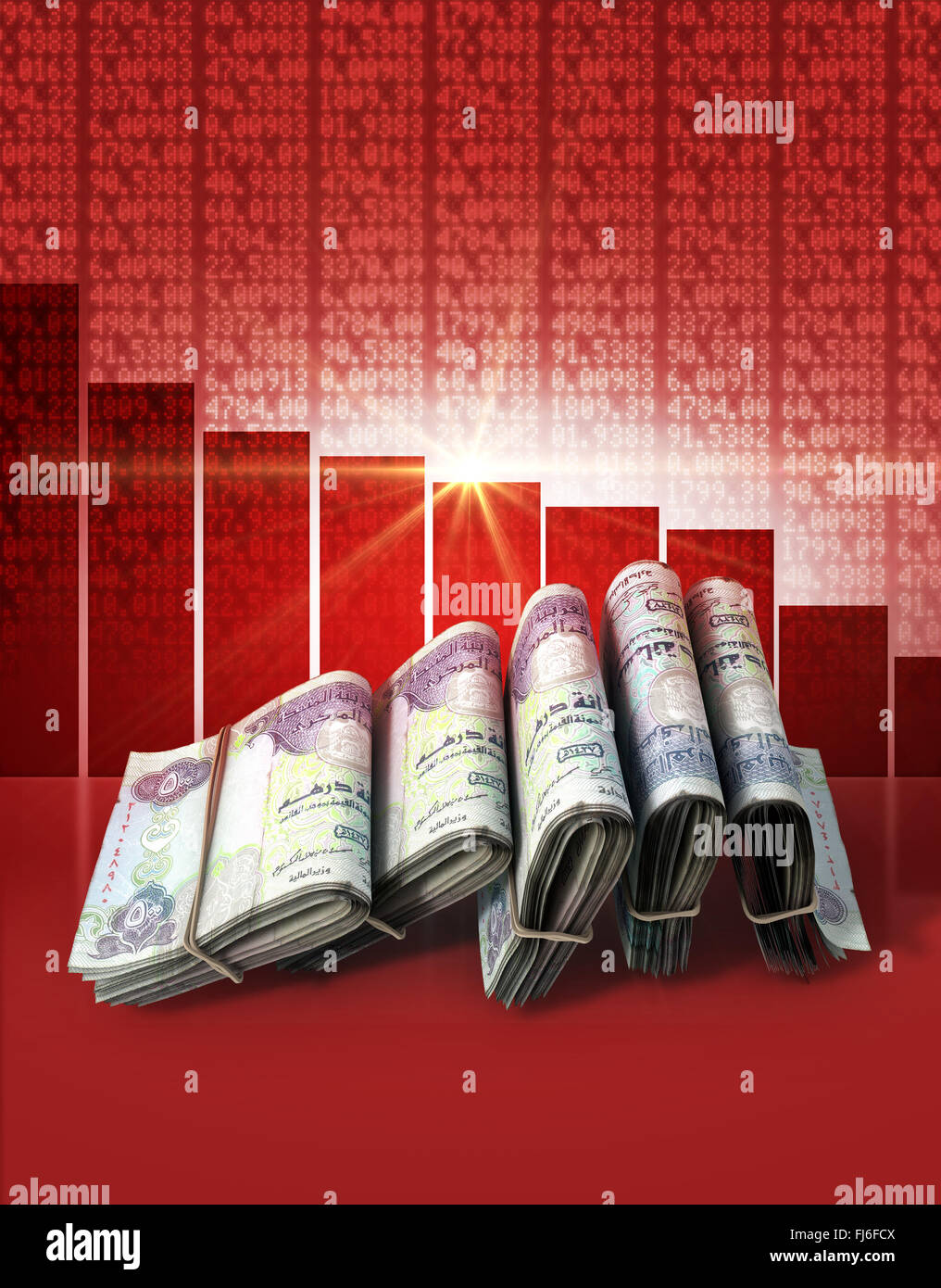Wads of folded stacks of dirham banknotes on a red digital stock market indicator board background with a decreasing red bar gra Stock Photo