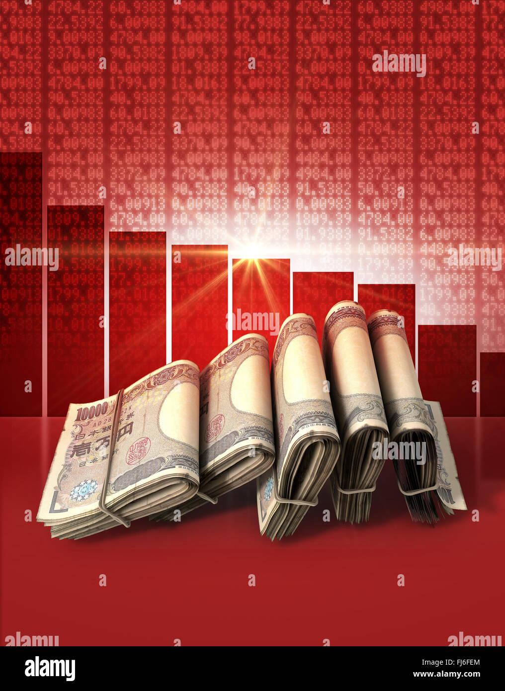 Wads of folded stacks of japanese yen banknotes on a red digital stock market indicator board background with a decreasing red b Stock Photo