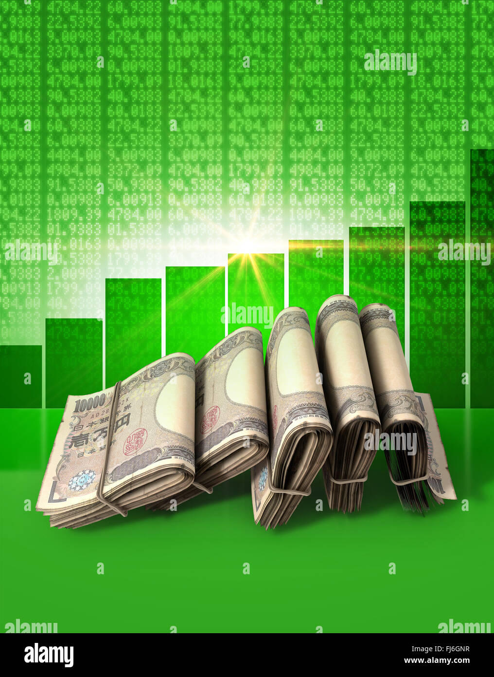 Wads of folded stacks of japanese yen banknotes on a green digital