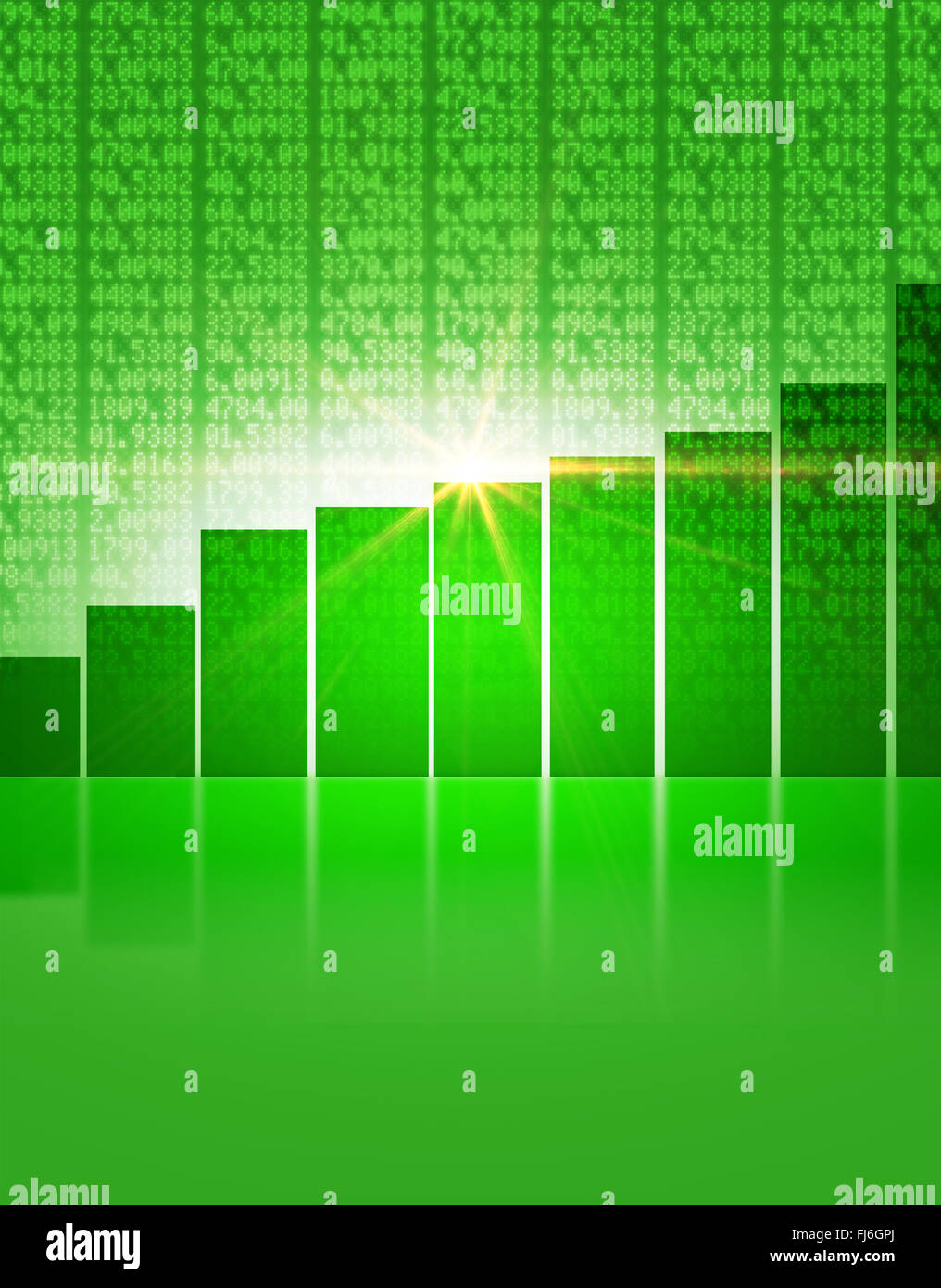 A green digital stock market indicator board background with a rising