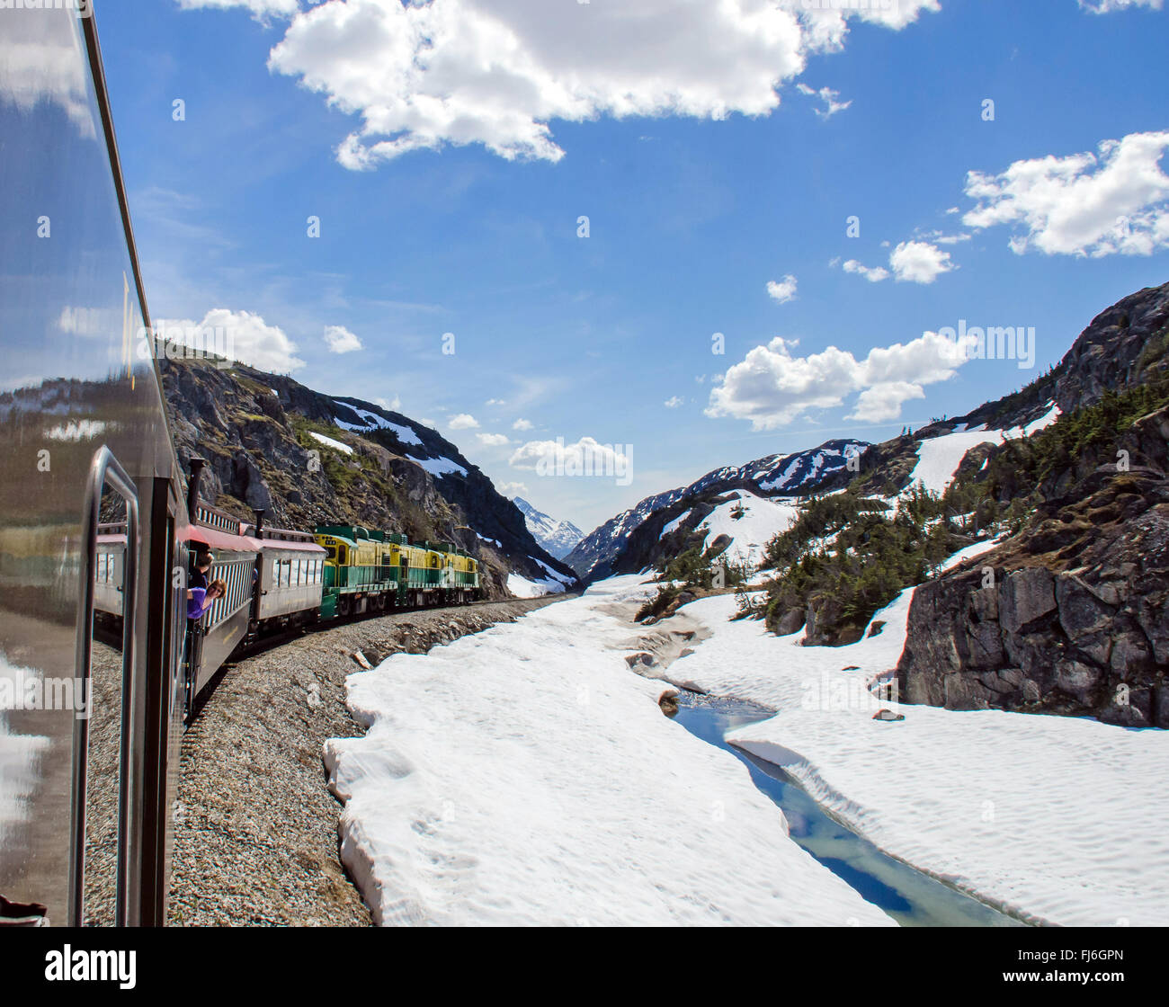 White Pass & Yukon Route Railroad heading towards Skagway, Alaska Stock Photo