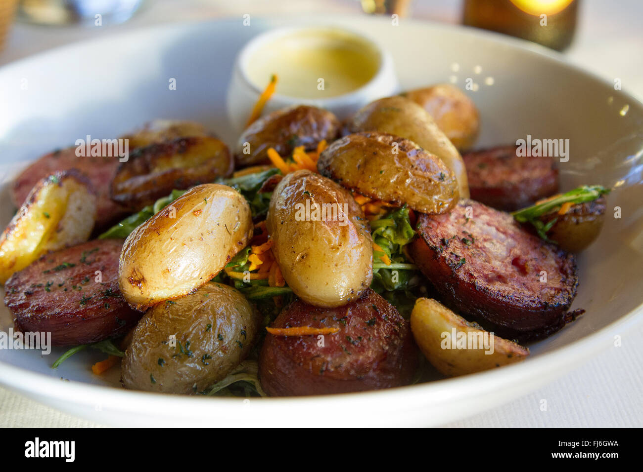 Morteau sausages, potatoes and cancoillotte local specialty of Doubs Franche Comte France Stock Photo