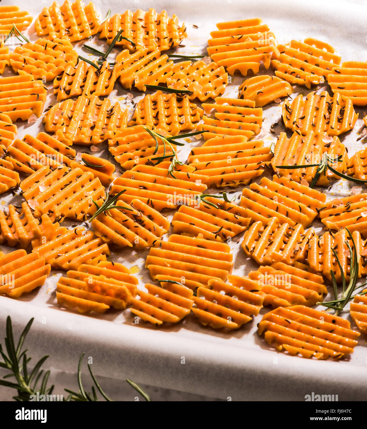 sweet potato chips homemade, lattice pattern, spices, stove, itself, cook, cooking, grease, oil, ribbing, taste, intensely sweet Stock Photo