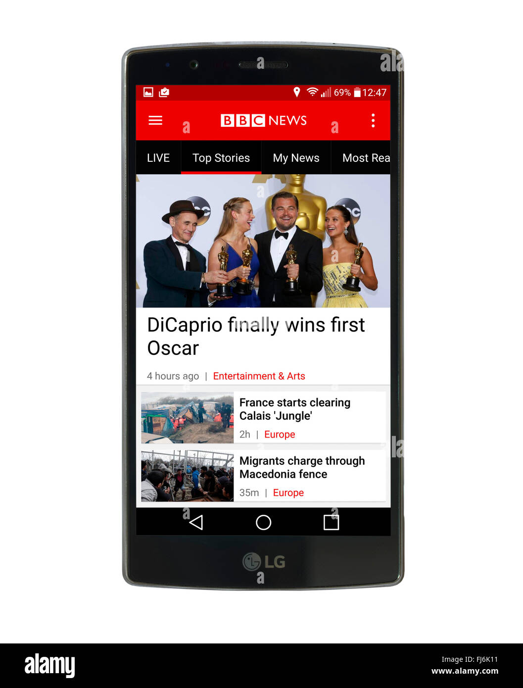 BBC News App on an LG G4 5.5 inch Android smartphone Stock Photo