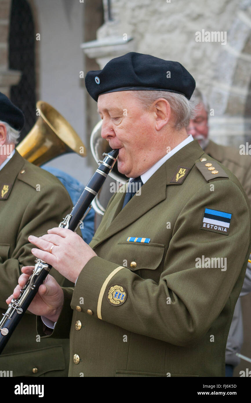 Military bandsman playing clarinet on Raekoja plats, Tallinn, Estonia Stock Photo