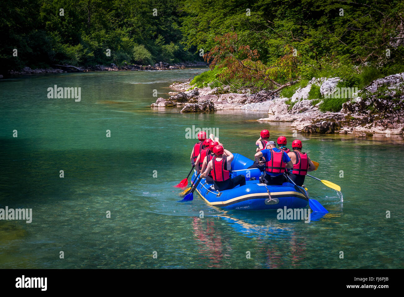 Group of tourists in the inflatable raft Stock Photo
