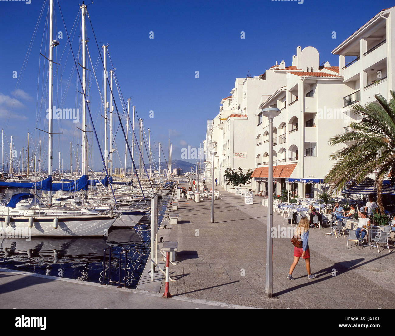 Marina Bay quayside restaurants, Gibraltar Town, Gibraltar Stock Photo
