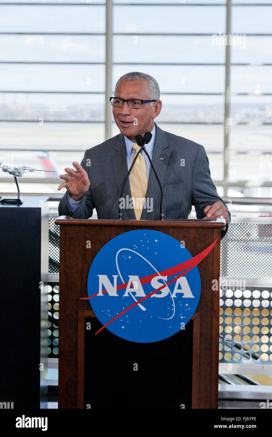 Washington, DC, USA. 29th February, 2016. NASA administrator Charles Bolden announces the return of supersonic passenger air travel and awarded the $20 million contract to Lockheed Martin for the design of the first Quiet Supersonic Transport (QueSST) aircraft, in a series of the larger New Aviation Horizons X-planes project. Credit:  B Christopher/Alamy Live News Stock Photo