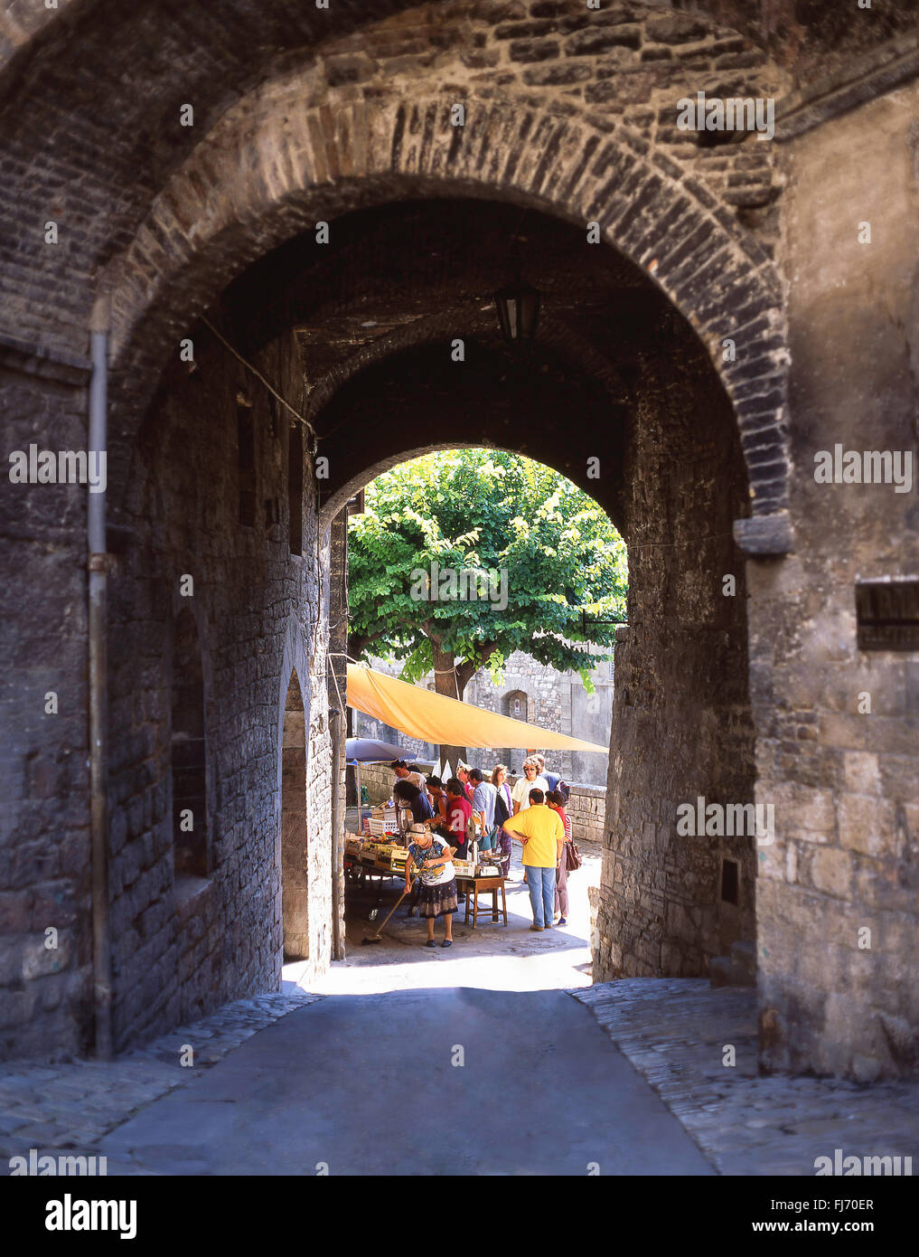 Small street market, Assisi, Province of Perugia, Umbria, Italy Stock Photo