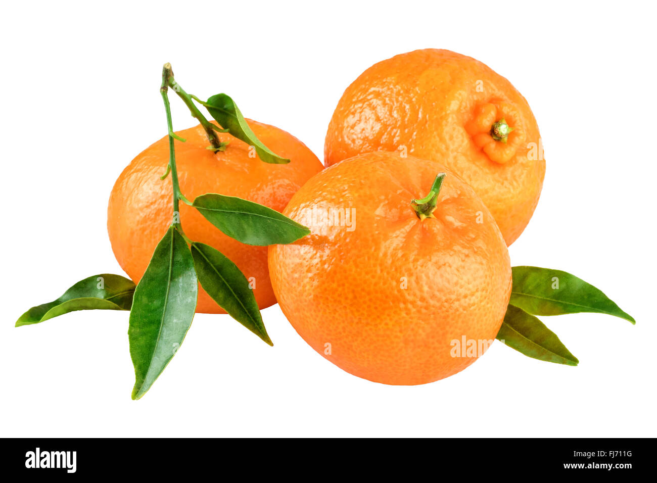 Three Tangerines Green Leafs Isolated on White Stock Photo Alamy