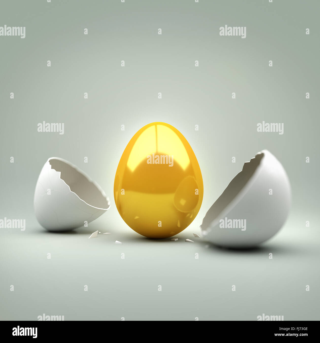 New Golden Egg. A cracked egg revealing a new golden egg. Concept. Stock Photo
