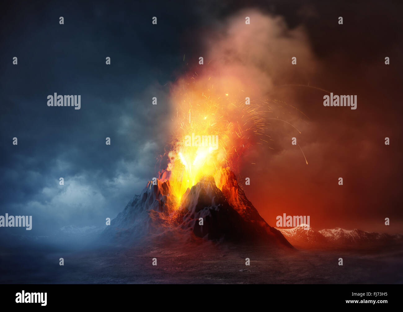 Volcano Eruption. A large volcano erupting hot lava and gases into the atmosphere. Illustration. Stock Photo