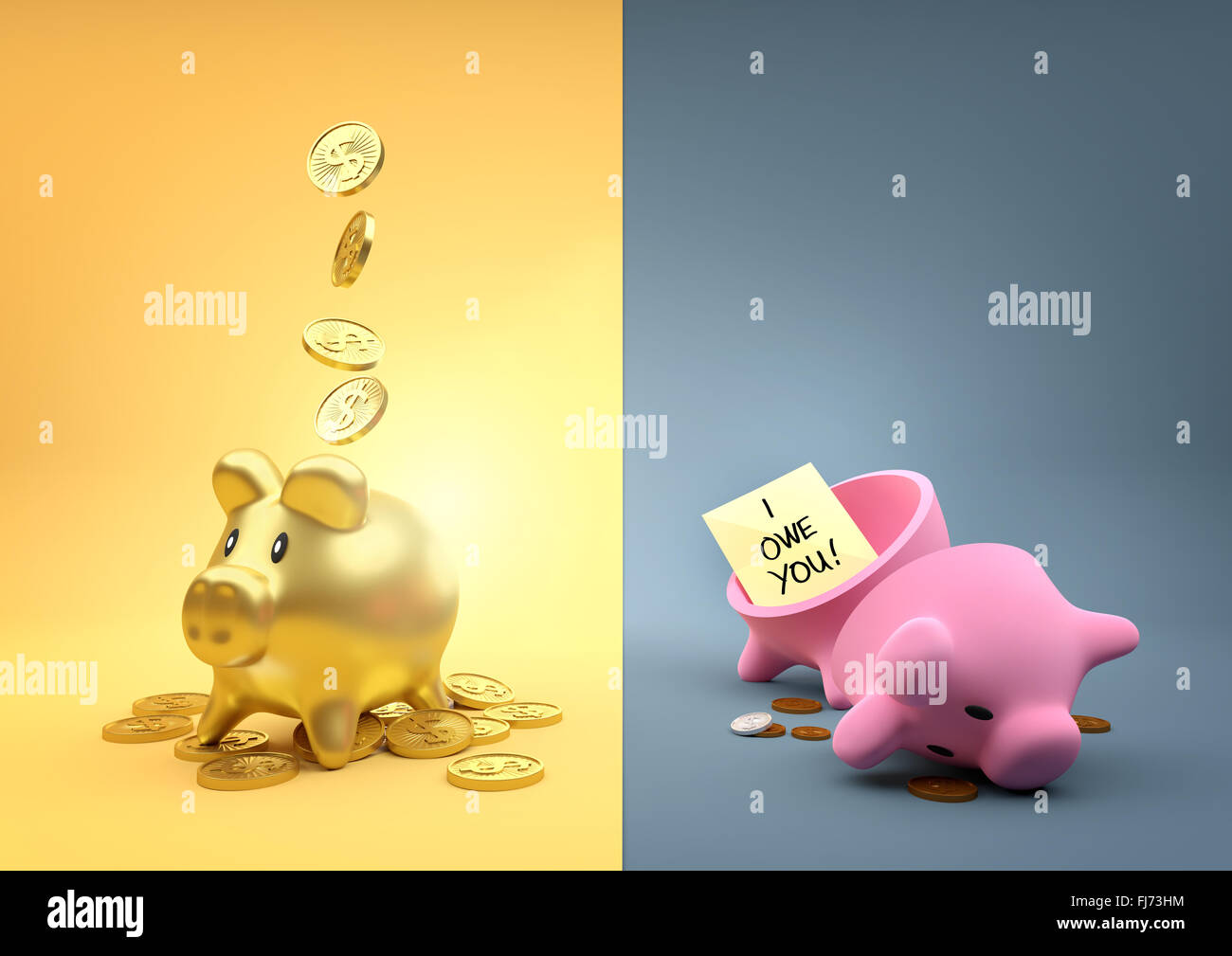 Different  Fortunes. Two money piggy banks - One full of gold the other empty other than a few pennies. Stock Photo