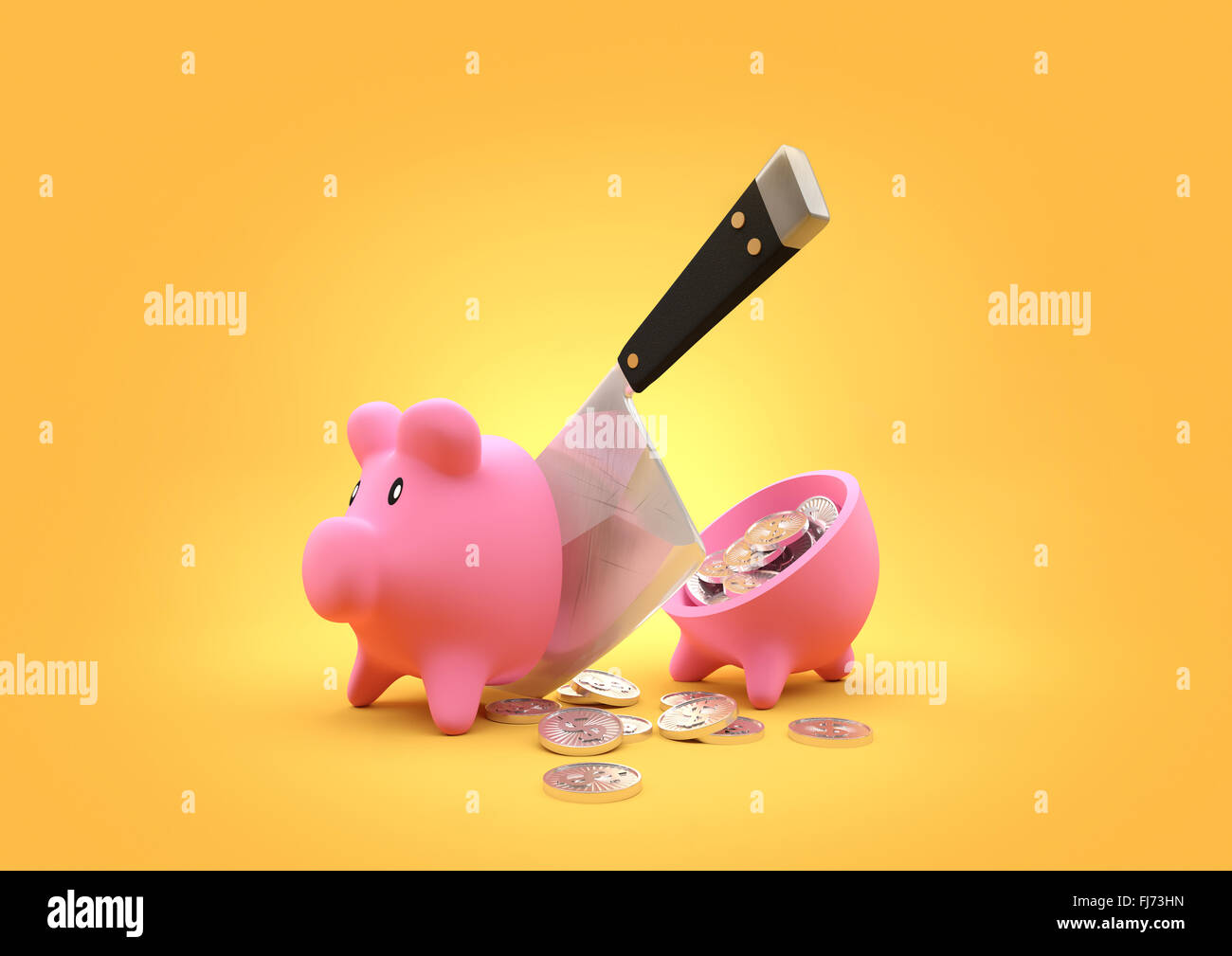 slashed Savings. A piggy bank cut in half with a butchers cleaver. Money concept. Stock Photo