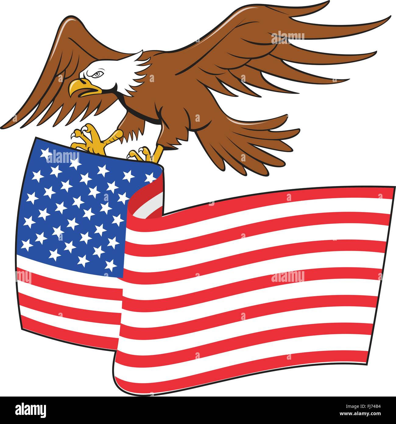 Illustration of an american bald eagle carrying usa stars and stripes flag viewed from the side set on isolated white background done in cartoon style. Stock Vector
