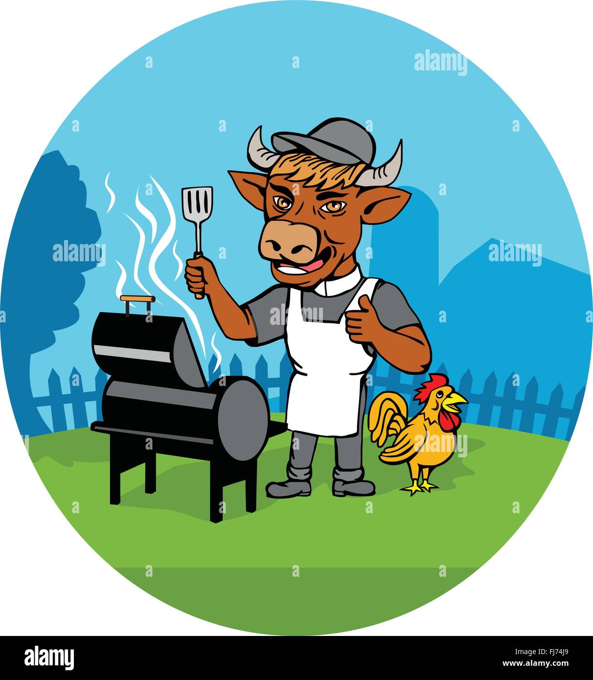 Illustration of a cow barbecue chef holding a spatula wearing a minister clerical collar, hat and apron with grill or smoker and chicken rooster on side set inside oval shape done in caricature style. Stock Vector