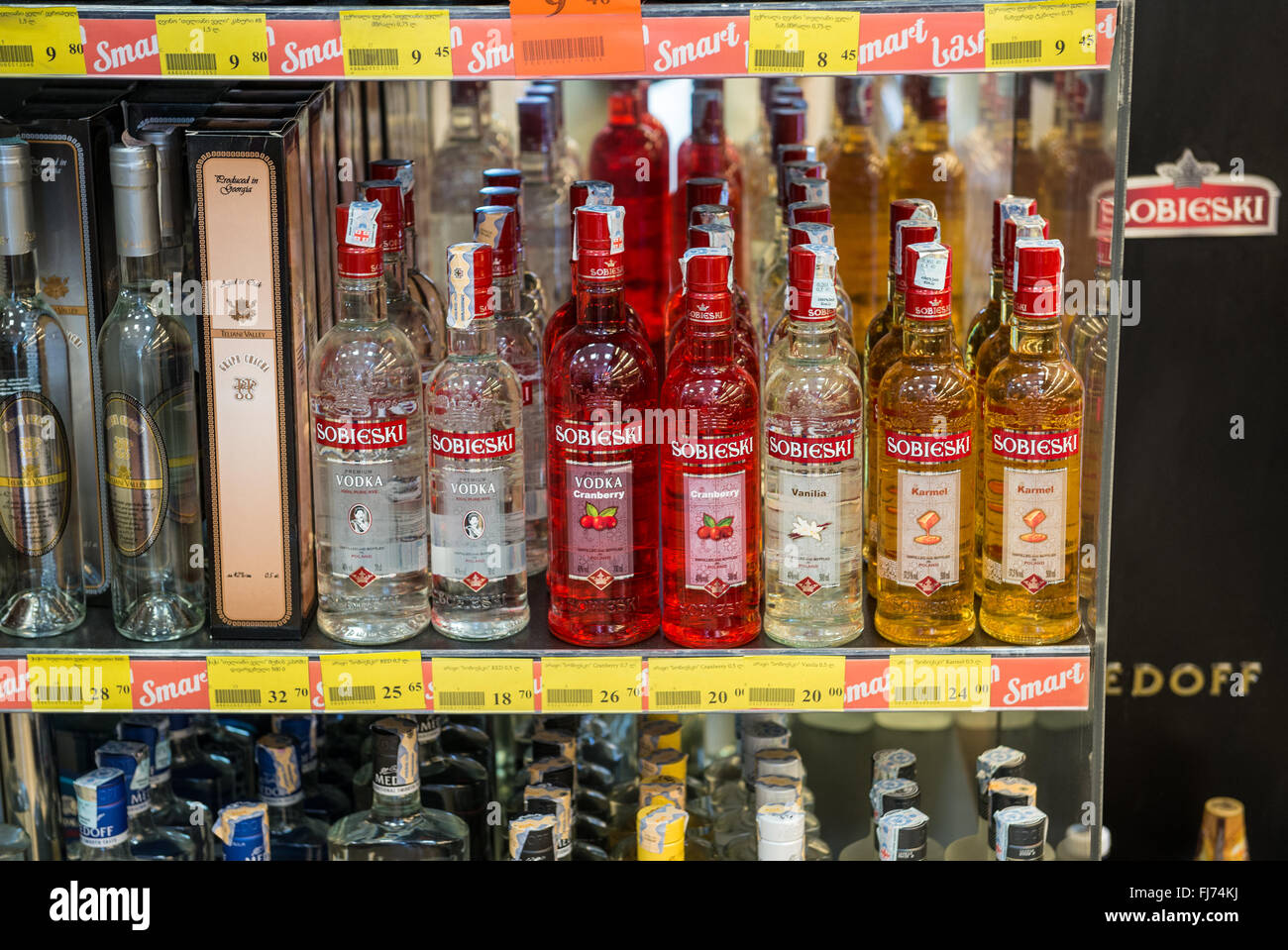 Polish Sobieski vodka at Wissol gas station shop in Zugdidi city
